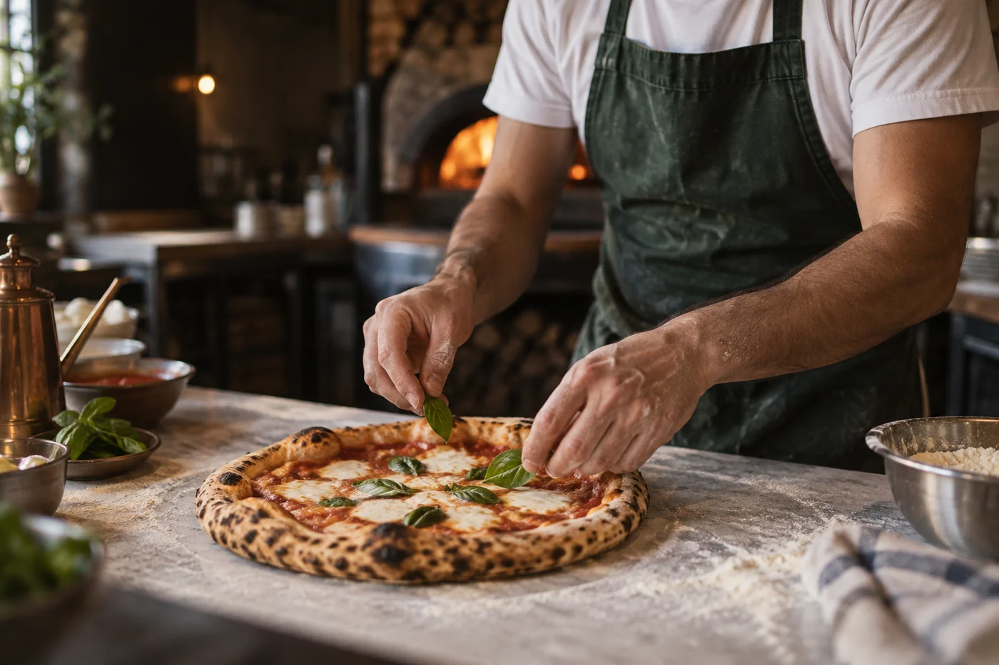 Un pizzaiolo aggiunge il basilico a una pizza appena preparata